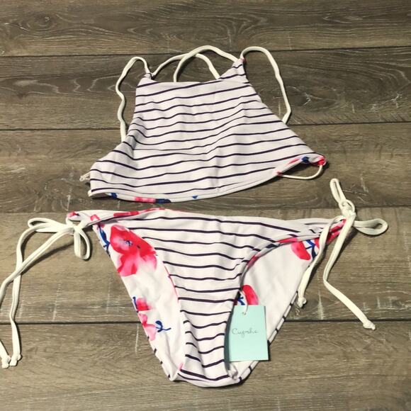 Cupshe Reversible Floral & Stripe 2 pc Bikini NWT - Picture 4 of 6